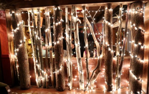 A rustic wall adorned with branches and twinkling fairy lights, creating a cozy atmosphere.
