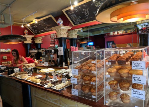 A cozy bakery display with various pastries and muffins, and a barista preparing orders in the background.