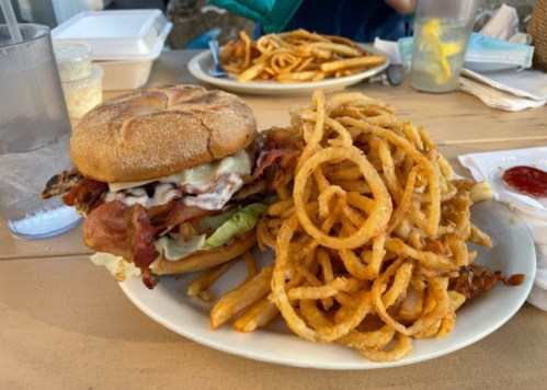 A large burger with bacon, lettuce, and mayo, served with a side of curly fries on a plate.