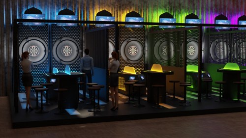 A modern darts lounge with colorful lighting, featuring dartboards and patrons enjoying the game.