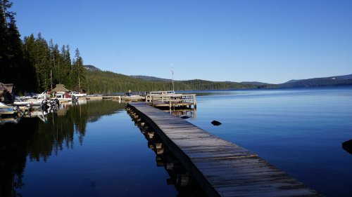 A serene lake scene with a wooden dock extending into calm waters, surrounded by lush green trees and clear blue skies.