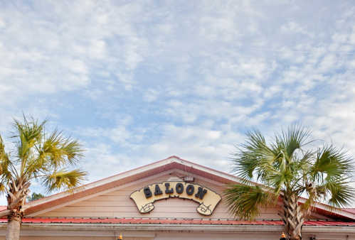 A saloon sign on a building, framed by palm trees under a partly cloudy sky.