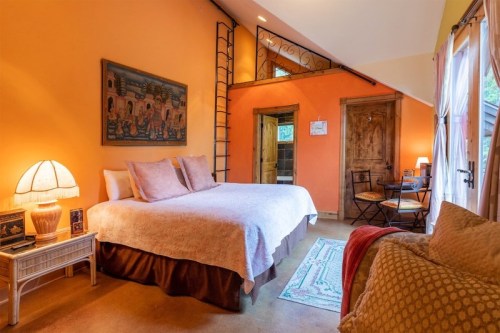 Cozy bedroom with orange walls, a large bed, a ladder to a loft, and a small workspace by the window.