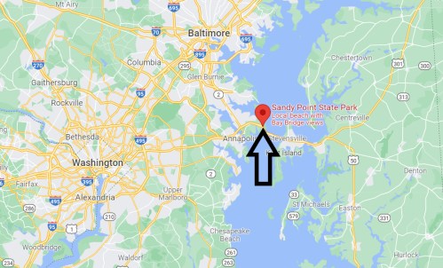 Map showing Sandy Point State Park near Annapolis, Maryland, with an arrow pointing to its location.