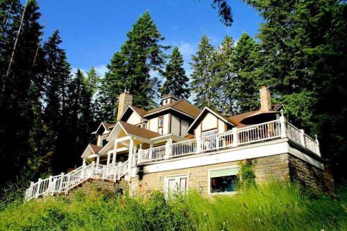 A large, multi-story house surrounded by tall trees and lush greenery, featuring a spacious deck and stone accents.