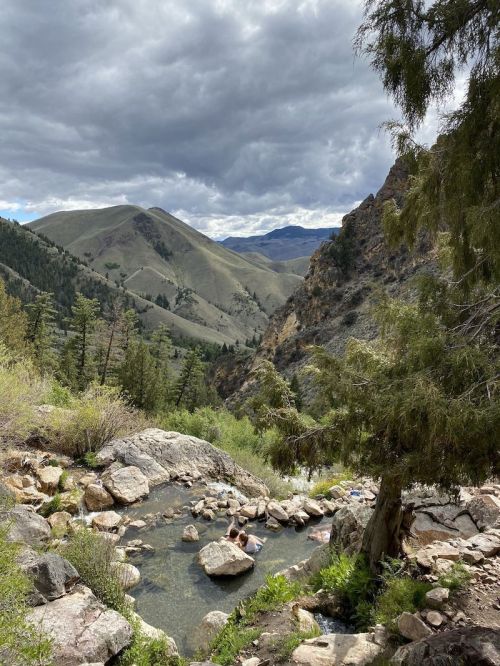 A serene landscape featuring a rocky stream surrounded by lush greenery and mountains under a cloudy sky.