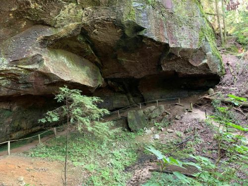 A rocky overhang in a forested area, with a path leading through lush greenery and scattered rocks.