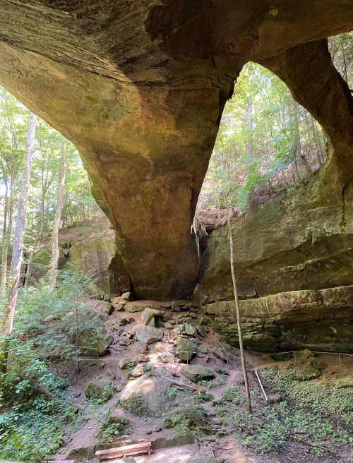 A large rock arch surrounded by lush greenery and rocky terrain in a forested area.