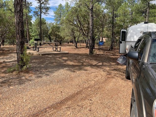 A gravel campsite surrounded by trees, featuring a picnic table and a trailer parked nearby.