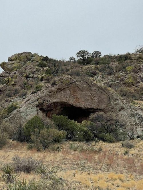 A rocky hillside with a cave entrance, surrounded by sparse vegetation and low shrubs under a cloudy sky.