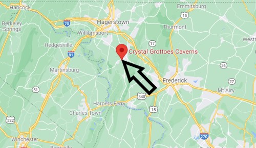 Map showing the location of Crystal Grottoes Caverns near Hagerstown, Maryland, marked with a red pin and an arrow.