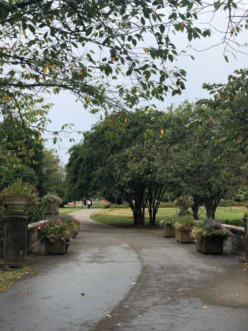 A winding path through a lush garden, lined with trees and flower-filled planters, under a cloudy sky.