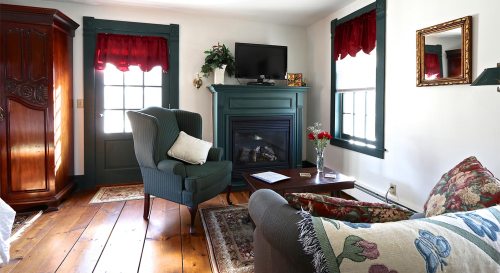 Cozy living room with a green armchair, fireplace, TV, and floral decor on a wooden floor. Bright natural light.
