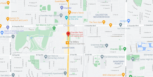 Map of Chandler, Arizona, highlighting Chandler Park and nearby landmarks, streets, and businesses.