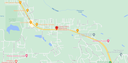 Map showing roads and locations in Phinetto, including Charlie Clark's Steakhouse and nearby parks.