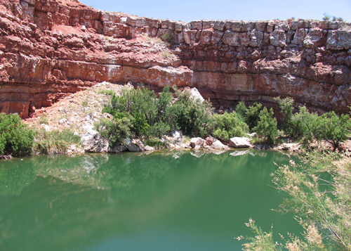 A serene green pond surrounded by rocky cliffs and lush vegetation under a clear blue sky.