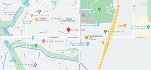 Map showing the location of Cox Family Lights in Scottsdale, Arizona, near various landmarks and roads.