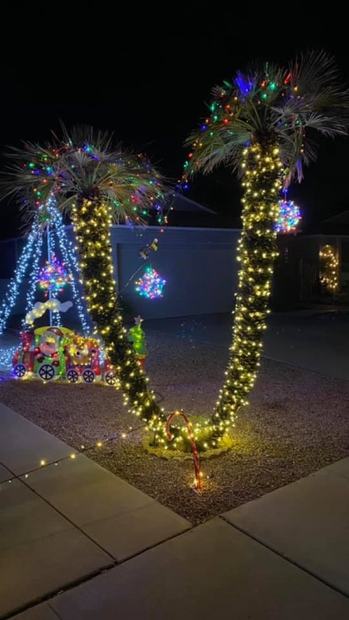 Two palm trees wrapped in colorful lights, with a festive display featuring a decorated cart in the background at night.