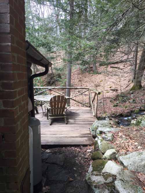 A wooden deck with an Adirondack chair overlooks a serene forested area with trees and rocks.