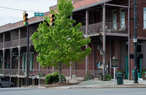 A street view featuring historic buildings, a green tree, and traffic lights in a small town setting.