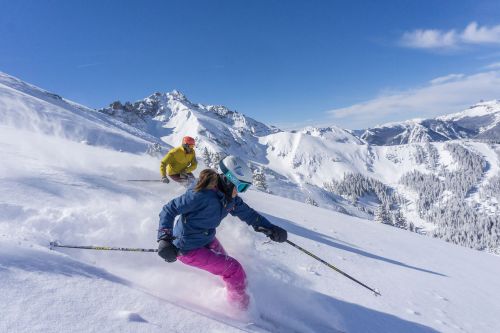 Two skiers navigate a snowy mountain slope under a clear blue sky, surrounded by majestic peaks.