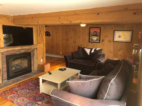 Cozy living room with wooden walls, a fireplace, a dark sofa, and a coffee table on a colorful rug.
