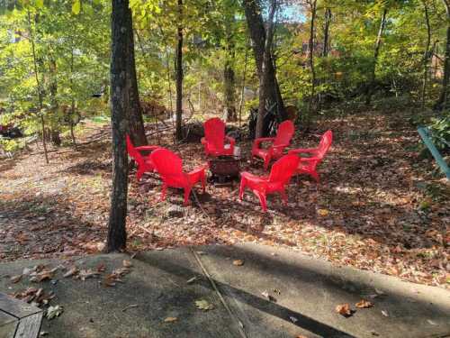 A circle of red Adirondack chairs around a small fire pit, surrounded by trees and fallen leaves in a wooded area.