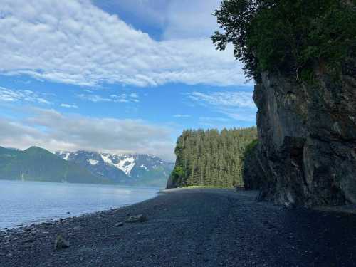 A serene beach scene with a rocky shoreline, lush green trees, and mountains under a partly cloudy sky.