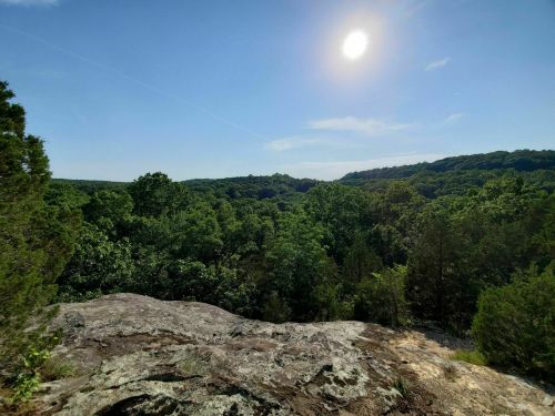 A sunlit view from a rocky outcrop overlooking a lush green forest and rolling hills under a clear blue sky.