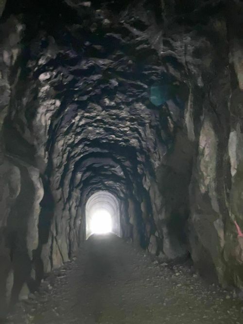 A dark tunnel with rocky walls, leading to a bright light at the far end.