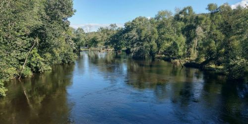 A serene river flows through lush greenery under a clear blue sky.