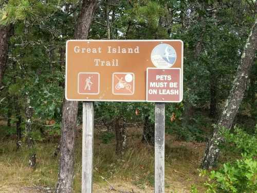 Sign for Great Island Trail with icons for hiking and biking, and a note that pets must be on a leash.