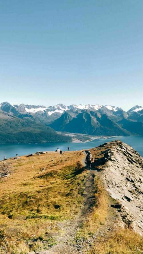 A scenic view of mountains and a lake, with hikers on a grassy ridge under a clear blue sky.