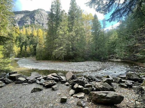 A serene river scene surrounded by tall trees and rocky banks, with mountains in the background under a clear sky.