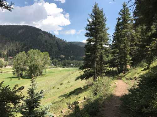 A scenic trail winds through trees, leading to a lush green valley surrounded by mountains under a partly cloudy sky.