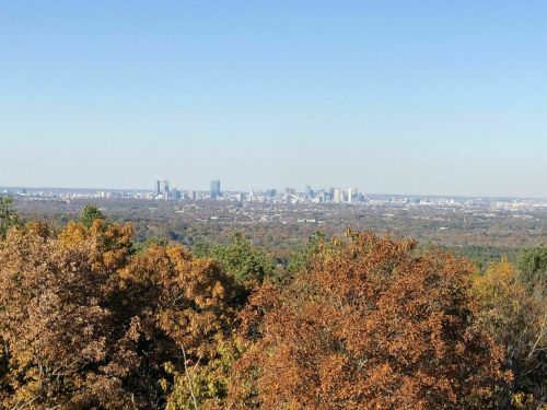 A panoramic view of a city skyline surrounded by autumn foliage and clear blue skies.