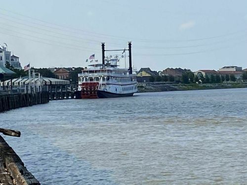 A large riverboat docked at a pier, with buildings and trees in the background under a clear sky.