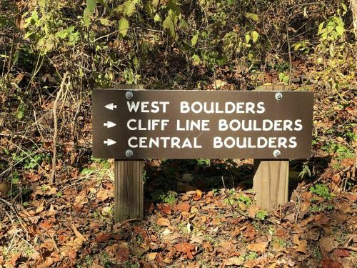 Signpost in a wooded area indicating directions to West Boulders, Cliff Line Boulders, and Central Boulders.