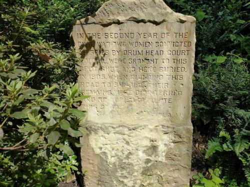 A weathered stone monument with engraved text commemorating women convicted in 1915, surrounded by greenery.