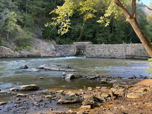 A serene river scene with a stone dam, surrounded by trees and rocky banks under a clear sky.