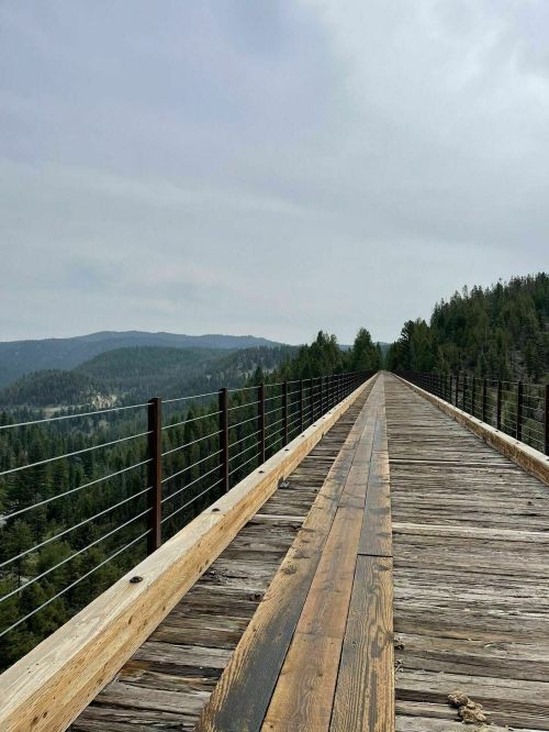 A wooden walkway stretches into the distance, surrounded by lush green mountains under a cloudy sky.