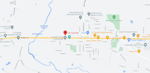 Map showing the location of The Feed Mill in Gatesville, Texas, near local landmarks and businesses.