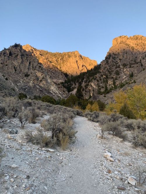 A winding dirt path leads through rocky terrain and sparse vegetation, with mountains illuminated by the setting sun.
