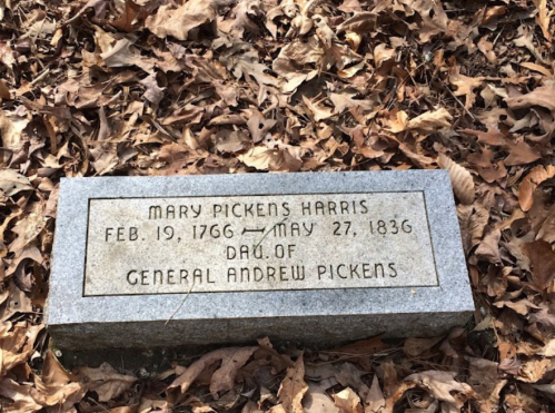 Gravestone of Mary Pickens Harris, born Feb 19, 1766, died May 27, 1836, daughter of General Andrew Pickens, surrounded by leaves.