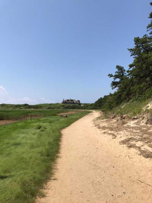 A sandy path winds through green grass, leading to a distant house under a clear blue sky.