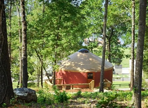 A red yurt nestled among trees, featuring a wooden deck and a dome on top, surrounded by greenery.