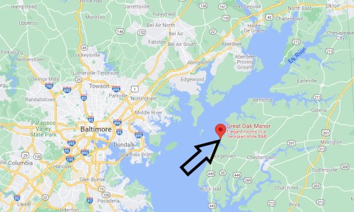 Map showing the location of Great Oak Manor near Georgetown, Maryland, with an arrow pointing to its position.