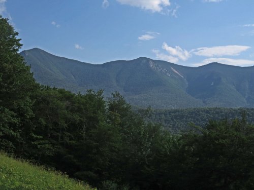 Lush green trees in the foreground with a backdrop of majestic mountains under a blue sky with scattered clouds.
