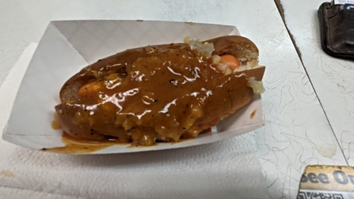 A hot dog in a bun topped with brown gravy and chopped onions, served on a paper tray with a napkin.