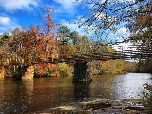 A wooden bridge spans a calm river, surrounded by colorful autumn foliage and a clear blue sky.